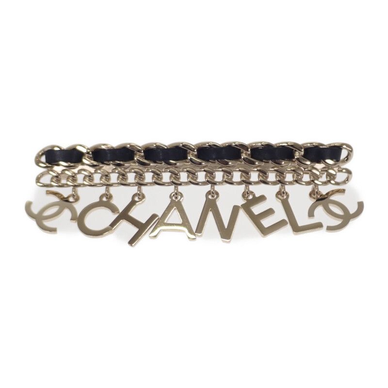 Chanel CC Logo Chain Brooch Metal Leather Gold Black Ladies Accessories Cute