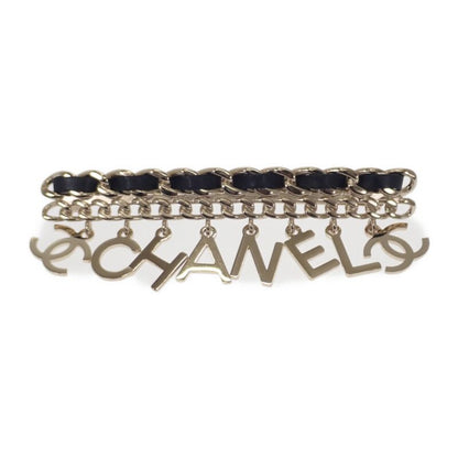 Chanel CC Logo Chain Brooch Metal Leather Gold Black Ladies Accessories Cute