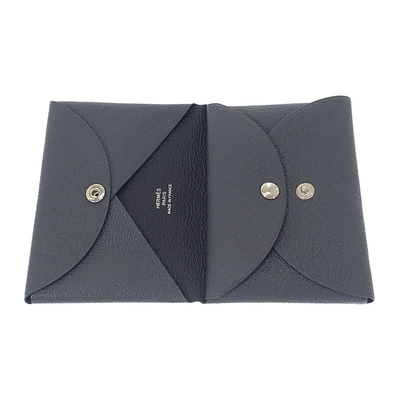 Hermes Calvi Duo Card Case Chevre Misol Gray Grimisty Black Silver Hardware Men