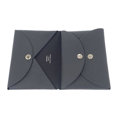 Hermes Calvi Duo Card Case Chevre Misol Gray Grimisty Black Silver Hardware Men