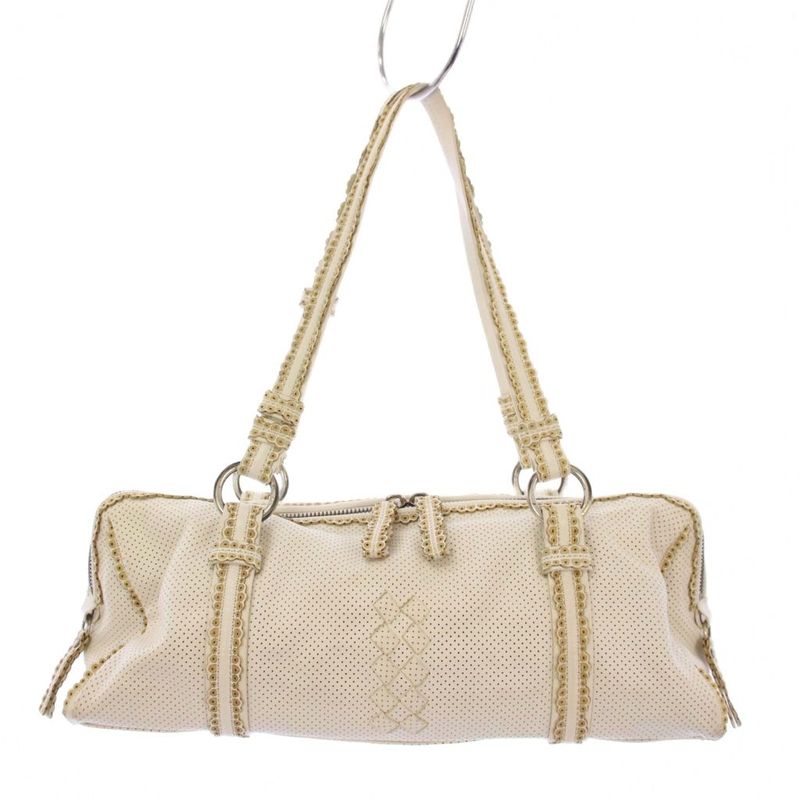 Bottega Veneta Perforated Leather Intrecciato Handbag Mini Boston Leather White