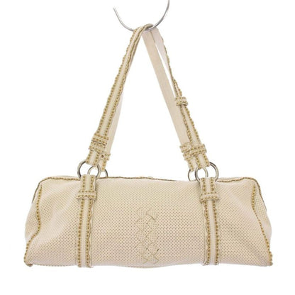 Bottega Veneta Perforated Leather Intrecciato Handbag Mini Boston Leather White