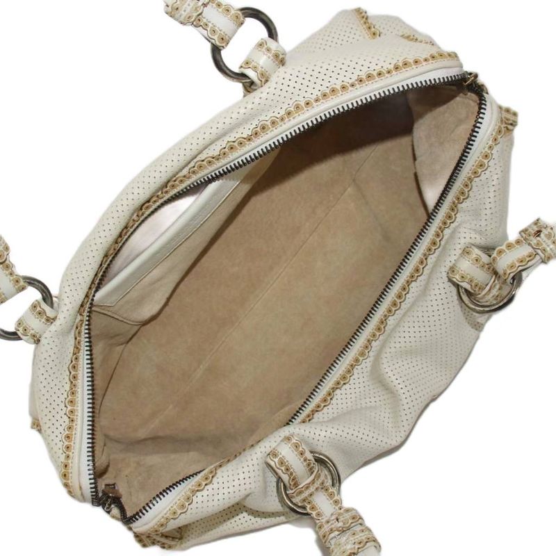 Bottega Veneta Perforated Leather Intrecciato Handbag Mini Boston Leather White