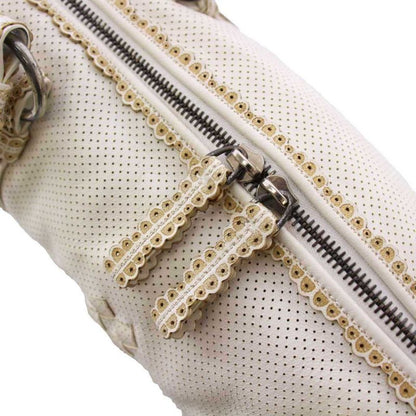Bottega Veneta Perforated Leather Intrecciato Handbag Mini Boston Leather White