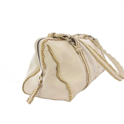 Bottega Veneta Perforated Leather Intrecciato Handbag Mini Boston Leather White