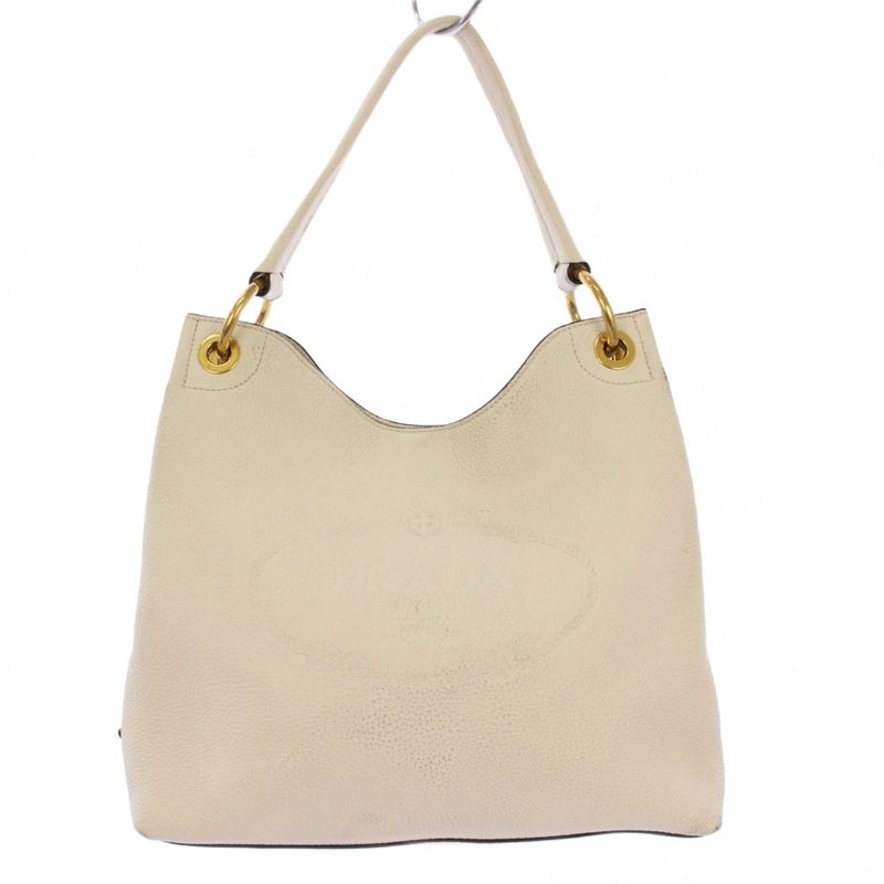Prada Vittero Logo Handbag One Handle Leather Triangle Plate White KH - OH