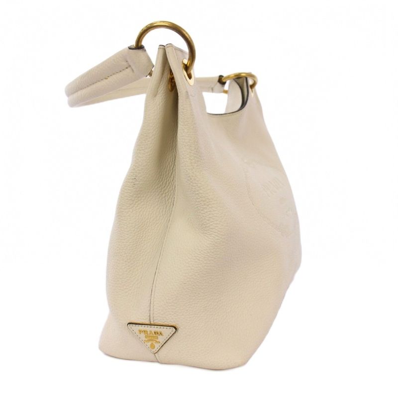 Prada Vittero Logo Handbag One Handle Leather Triangle Plate White KH - OH