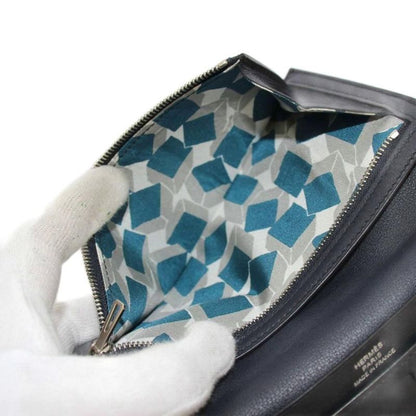 Hermes Citizen Twill Long Swift Long Wallet Fold Leather Dark Blue A Engraved