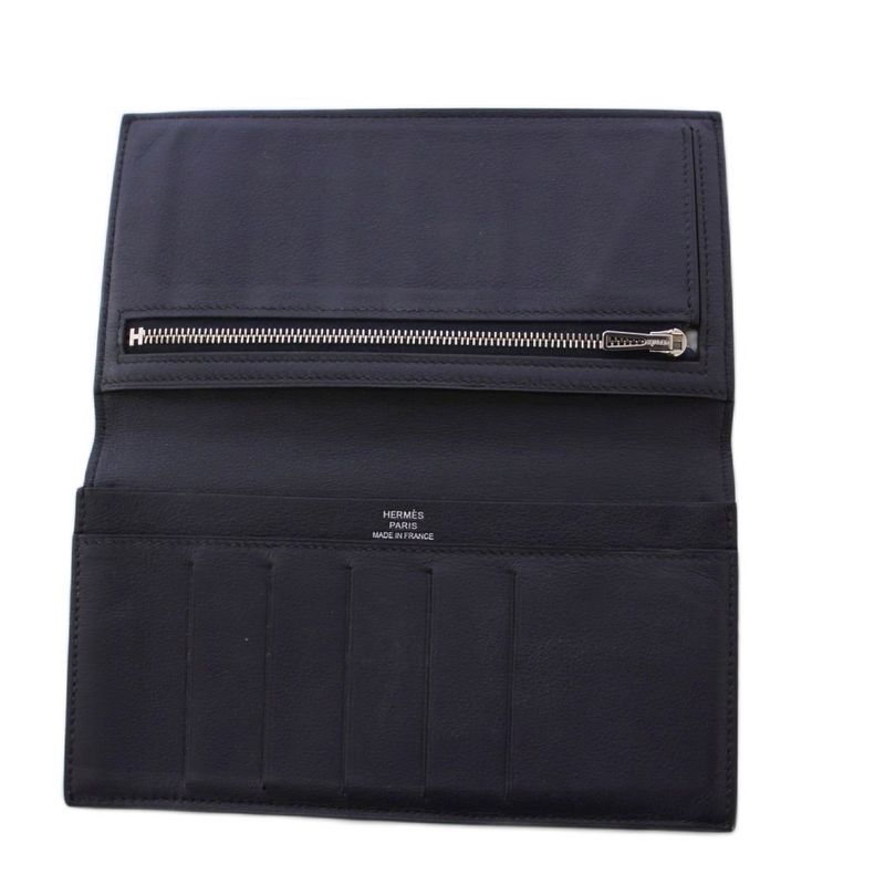 Hermes Citizen Twill Long Swift Long Wallet Fold Leather Dark Blue A Engraved