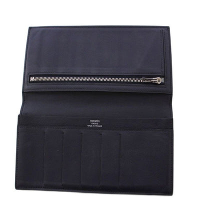 Hermes Citizen Twill Long Swift Long Wallet Fold Leather Dark Blue A Engraved