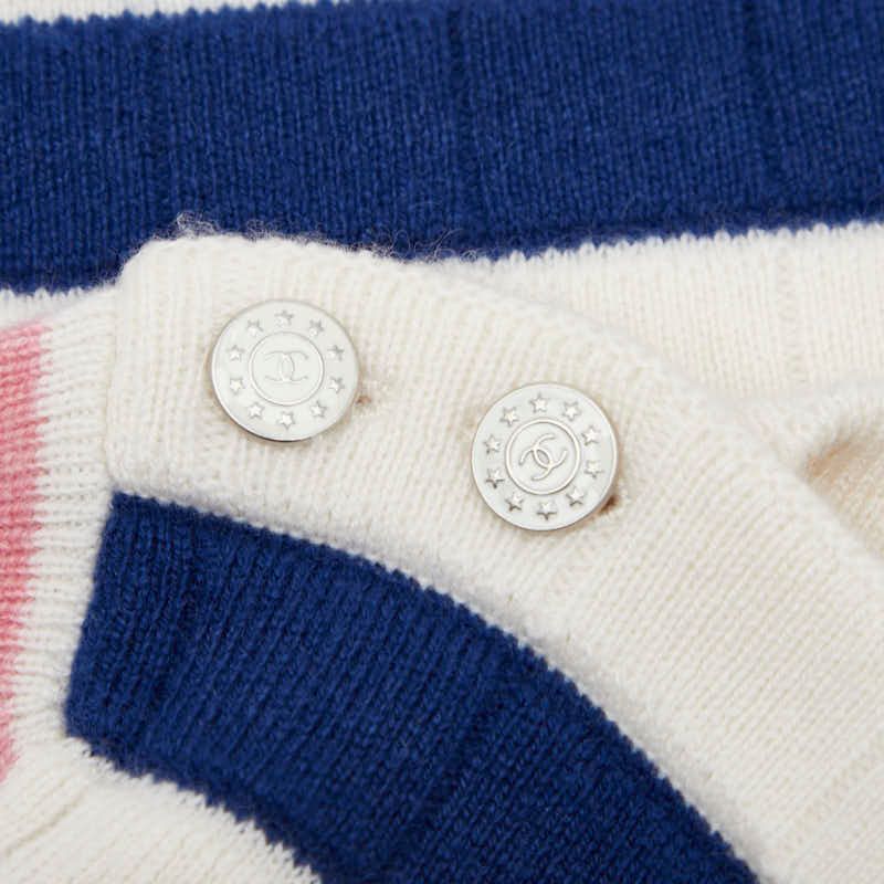 Chanel Striped Coco Mark Button Knit Short Sleeves Size: 36 White Women's Chanel
