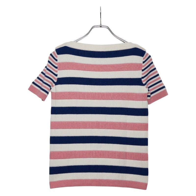 Chanel Striped Coco Mark Button Knit Short Sleeves Size: 36 White Women's Chanel