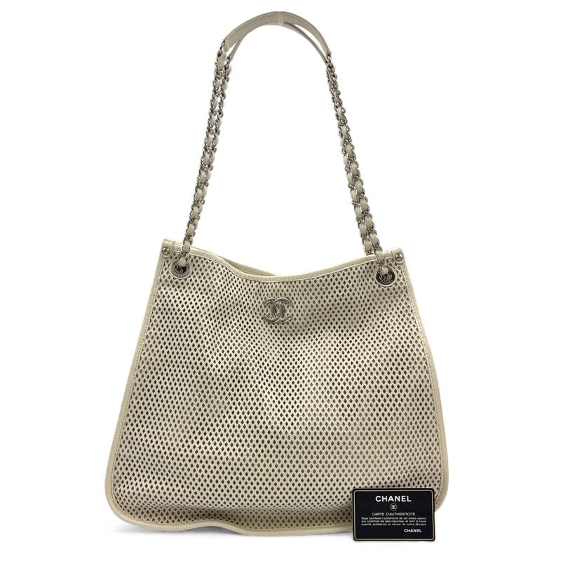 Chanel Mesh Leather Tote Bag Serial #17 Leather Off White Chain Shoulder Bag