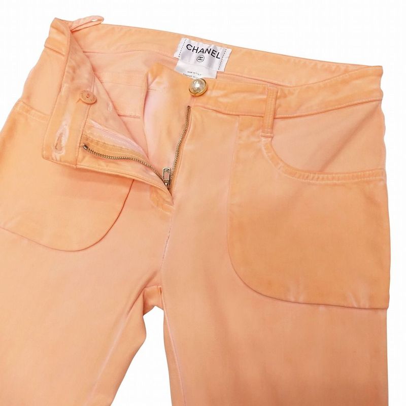 Chanel Denim Pants Skinny Faux Pearl Coco Mark Washed 34 XS Salmon Pink Women