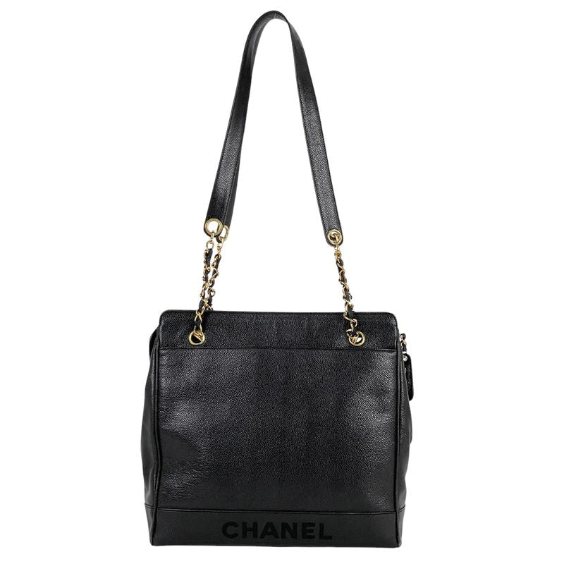 Chanel Logo Chain Tote Shoulder Bag Tote Bag Caviar Skin Black Women
