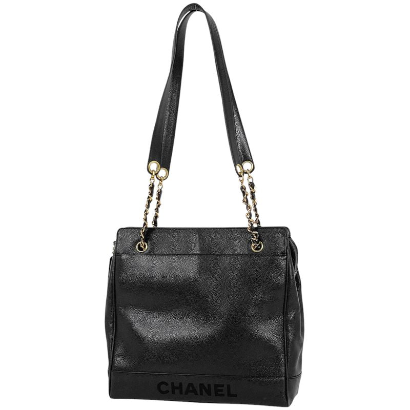 Chanel Logo Chain Tote Shoulder Bag Tote Bag Caviar Skin Black Women