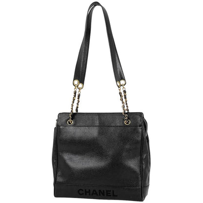 Chanel Logo Chain Tote Shoulder Bag Tote Bag Caviar Skin Black Women