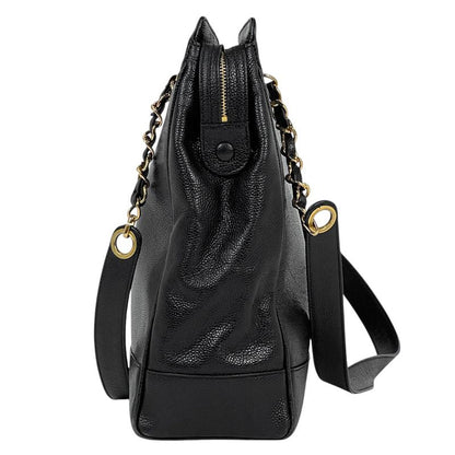 Chanel Logo Chain Tote Shoulder Bag Tote Bag Caviar Skin Black Women