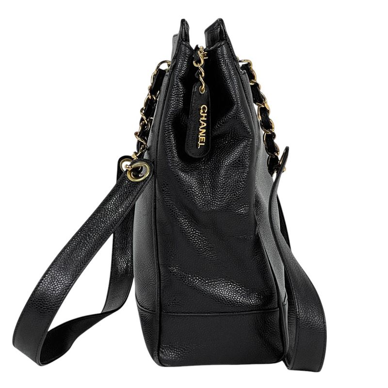 Chanel Logo Chain Tote Shoulder Bag Tote Bag Caviar Skin Black Women