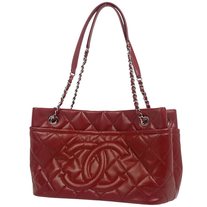 Chanel Coco Mark Chain Tote Shoulder Bag Matelasse Tote Bag Caviar Skin Red