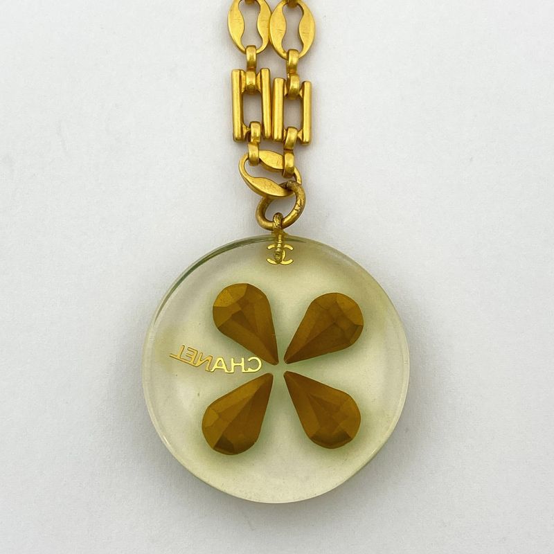 Chanel Coco Mark Chain Necklace Clover Colored Stone Necklace GP Plastic Gold