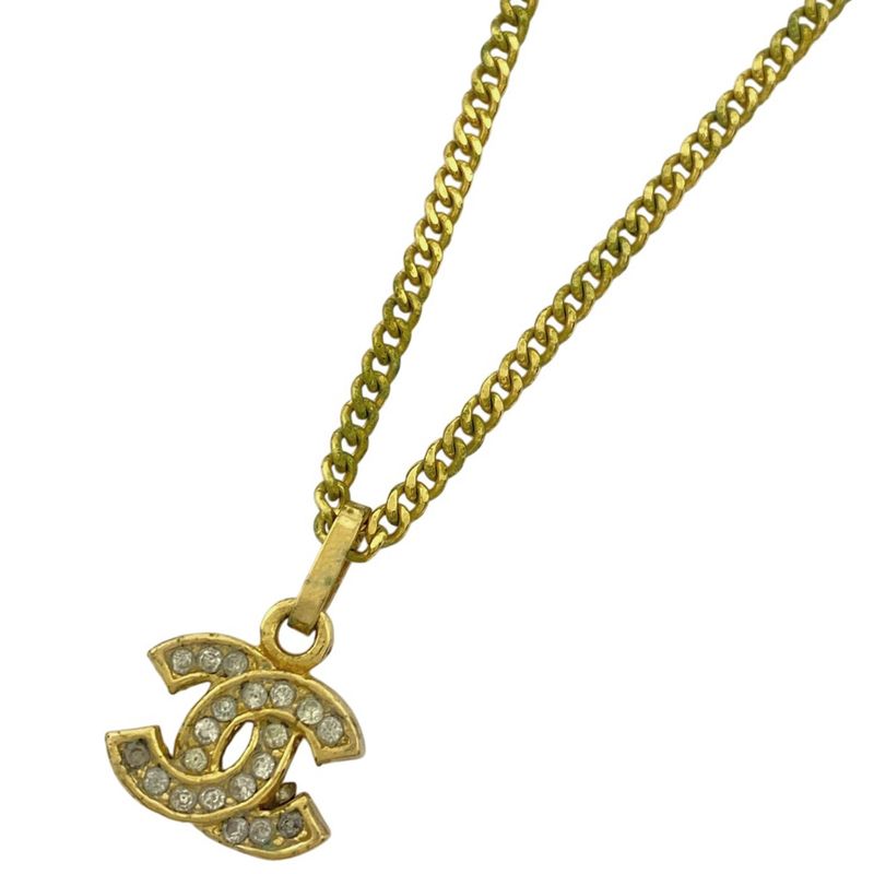 Chanel Coco Mark Rhinestone Necklace CC Mark Necklace GP Gold Ladies