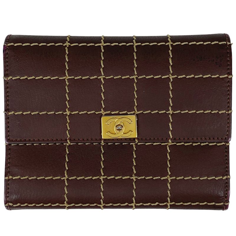 Chanel Coco Mark Long Wallet Wild Stitch CC Trifold Wallet Leather Bordeaux