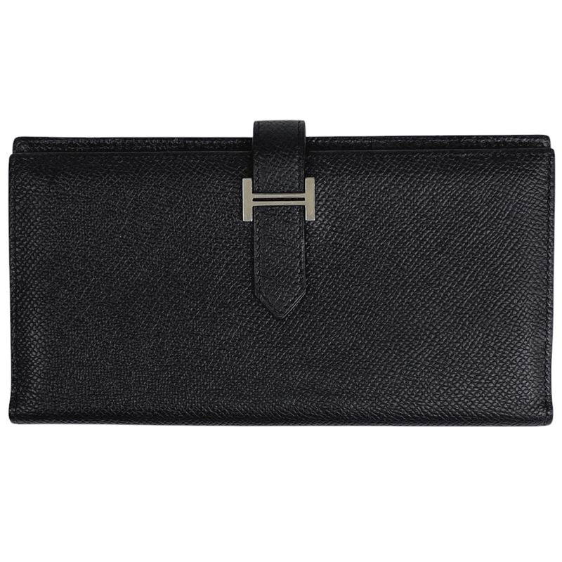 Hermes Bearn Souffle H Logo Foldable Long Wallet Vaux Epson Black T Women