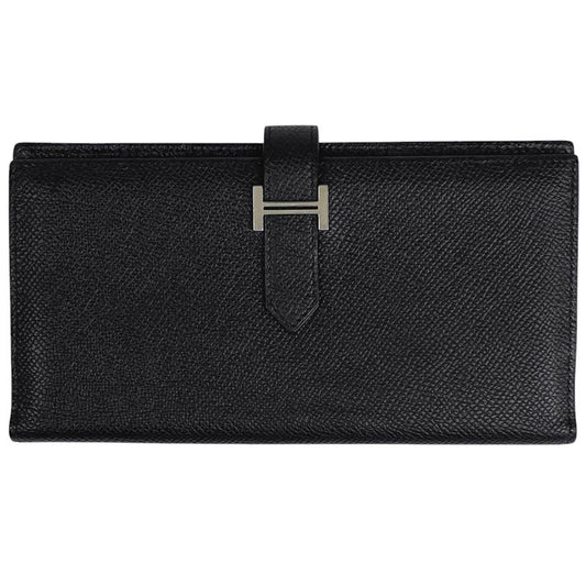 Hermes Bearn Souffle H Logo Foldable Long Wallet Vaux Epson Black T Women