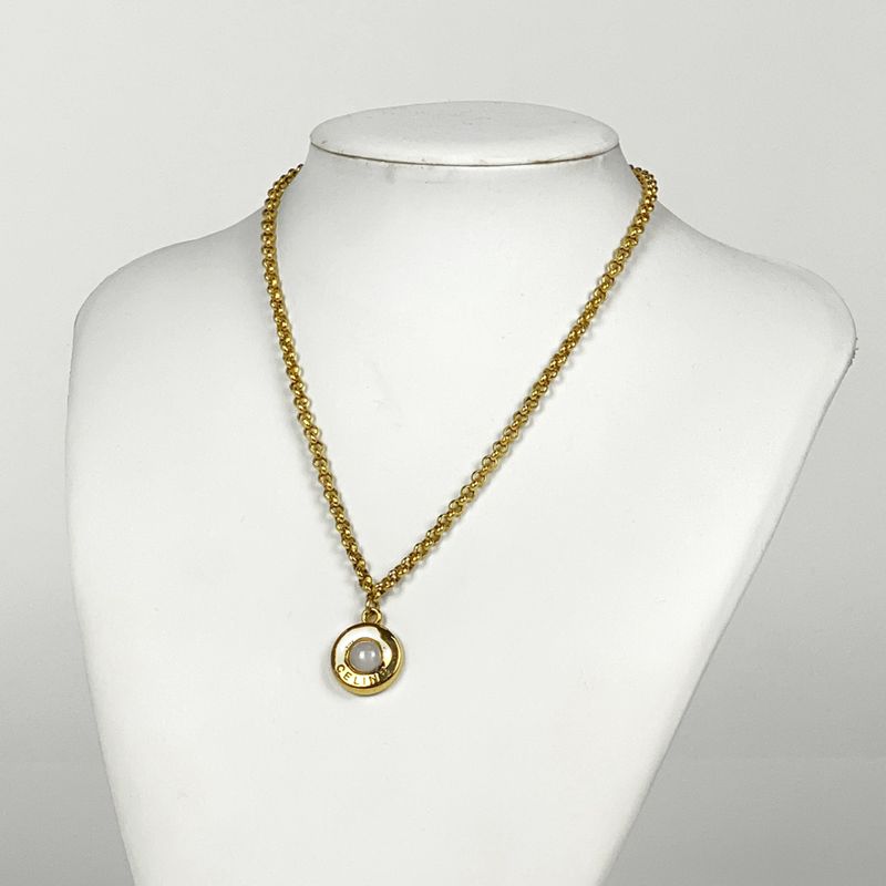 Celine Logo Faux Pearl Necklace GP Gold Ladies