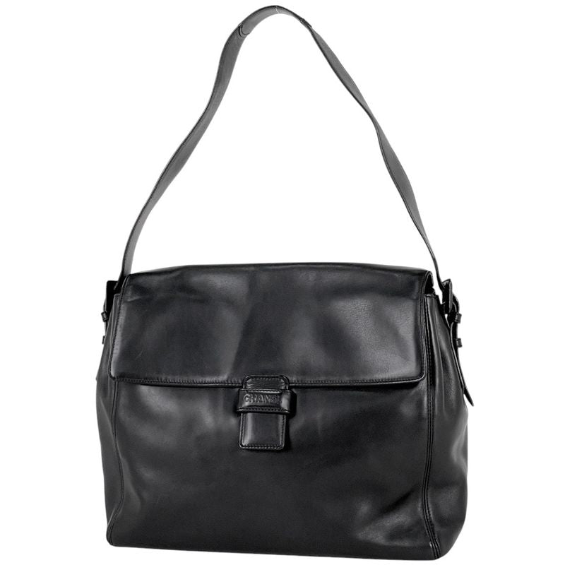 Chanel Logo Shoulder Bag Leather Black Women