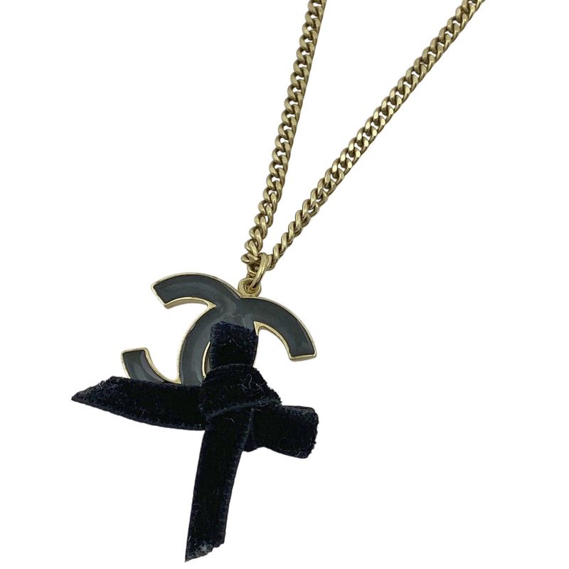 Chanel Coco Mark Necklace Ribbon Necklace GP Gold Black Women