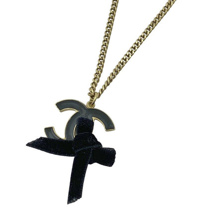 Chanel Coco Mark Necklace Ribbon Necklace GP Gold Black Women