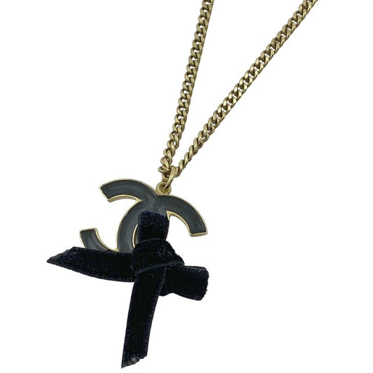 Chanel Coco Mark Necklace Ribbon Necklace GP Gold Black Women