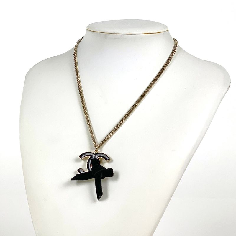 Chanel Coco Mark Necklace Ribbon Necklace GP Gold Black Women