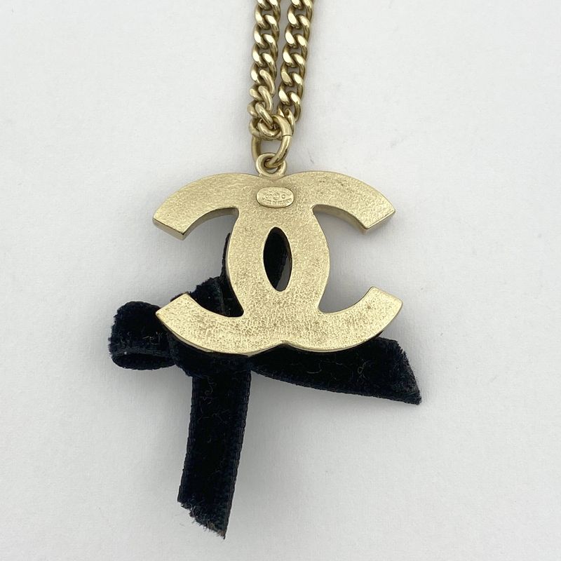 Chanel Coco Mark Necklace Ribbon Necklace GP Gold Black Women