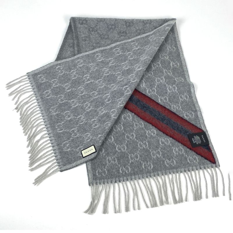 Gucci GG Pattern Scarf Sherry Line Web 08.338.986 Scarf Hair Angora Grey Red