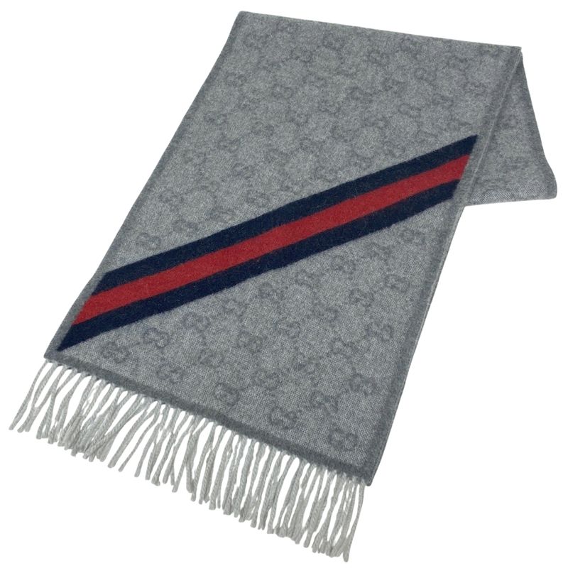 Gucci GG Pattern Scarf Sherry Line Web 08.338.986 Scarf Hair Angora Grey Red