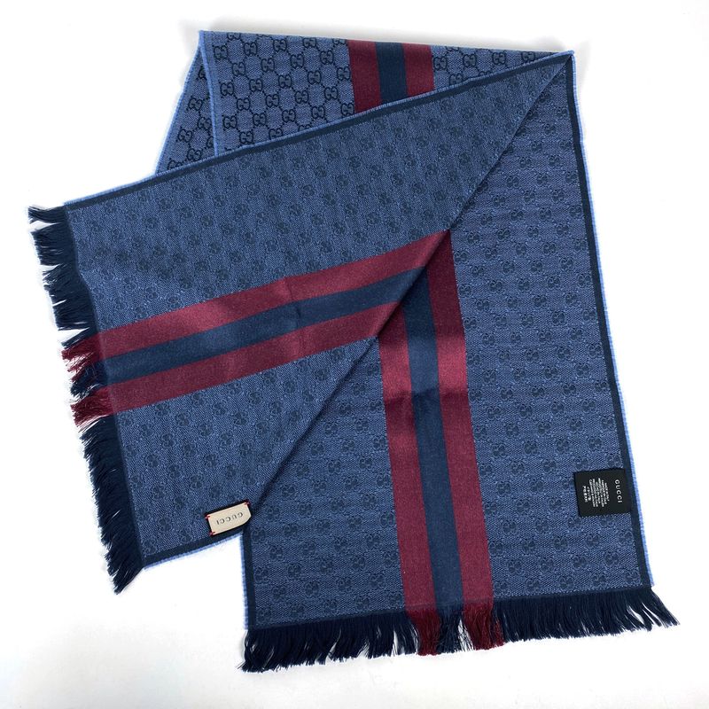 Gucci GG Pattern Scarf Sherry Line Web Scarf Wool Silk Blue Red Women
