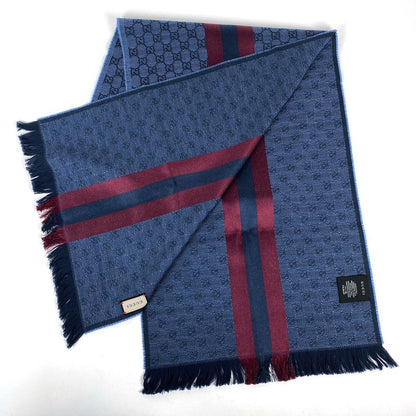 Gucci GG Pattern Scarf Sherry Line Web Scarf Wool Silk Blue Red Women