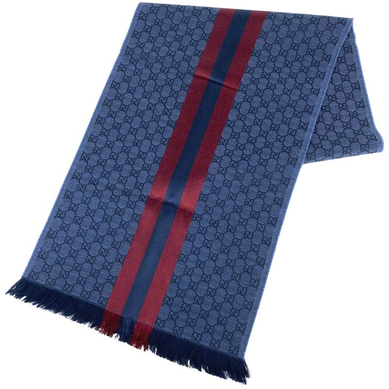Gucci GG Pattern Scarf Sherry Line Web Scarf Wool Silk Blue Red Women