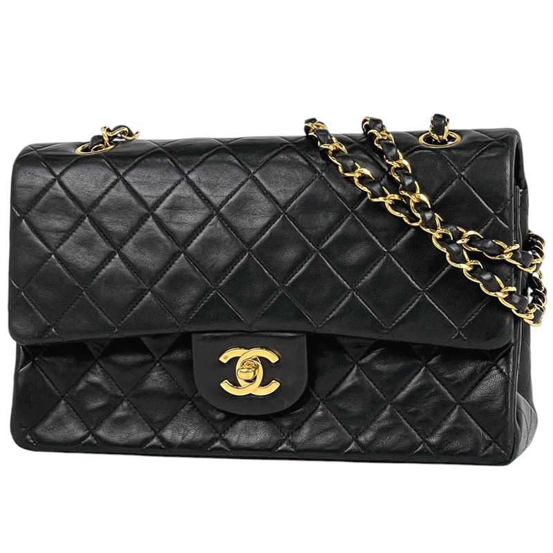 Chanel Matelasse W Flap Chain Shoulder Bag Coco Mark Shoulder Bag Leather Black