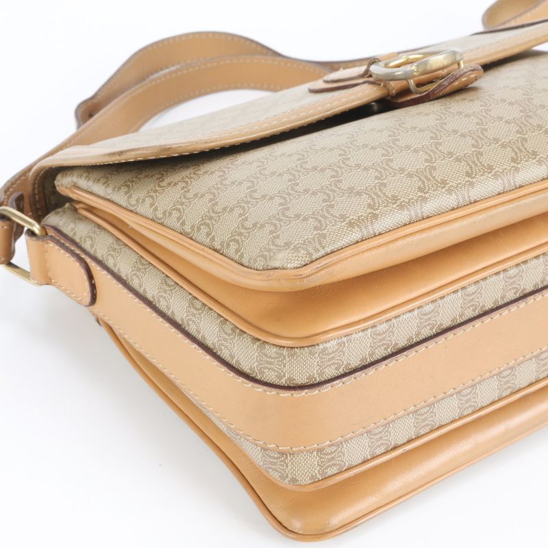 Vintage Celine Macadam Leather Shoulder Bag Crossbody Beige Gold Hardware Women