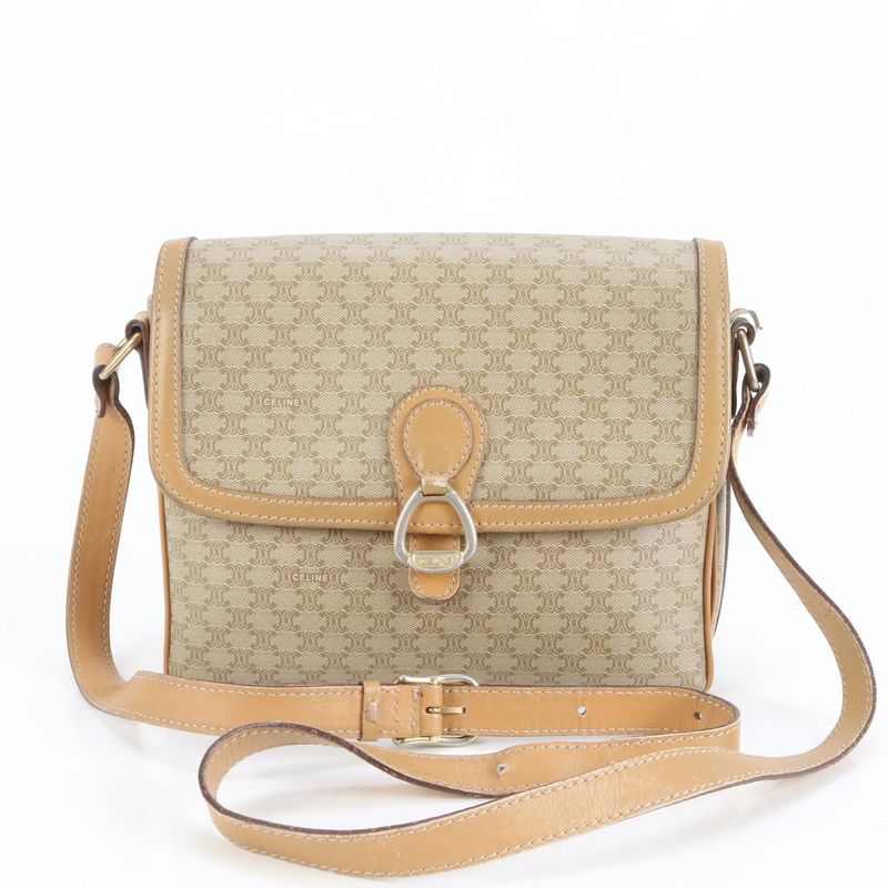 Vintage Celine Macadam Leather Shoulder Bag Crossbody Beige Gold Hardware Women