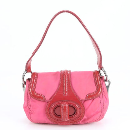 Prada Tessuto Nylon Triangle Logo Patent Leather Shoulder Bag One Shoulder Pink