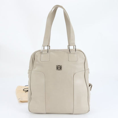 Loewe Anagram Leather Tote Bag Mini Boston Shoulder Hand Beige Silver Hardware