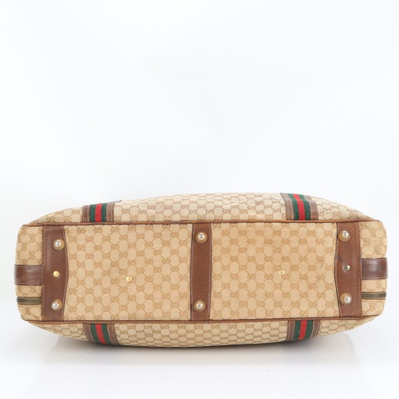 Gucci GG Canvas Sherry Line Leather Boston Bag Business Travel Tote Travel