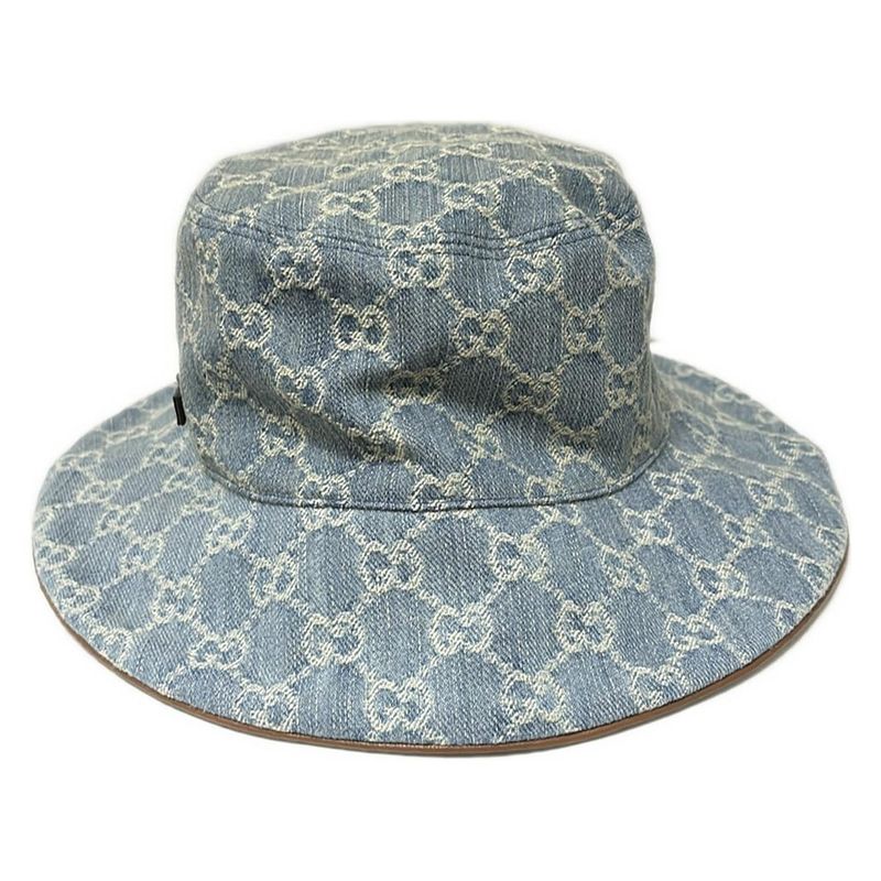 Gucci Hat 58 Beautiful Horsebit 836220 Light Blue And Light Brown GG Pattern /