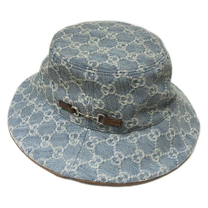 Gucci Hat 58 Beautiful Horsebit 836220 Light Blue And Light Brown GG Pattern /