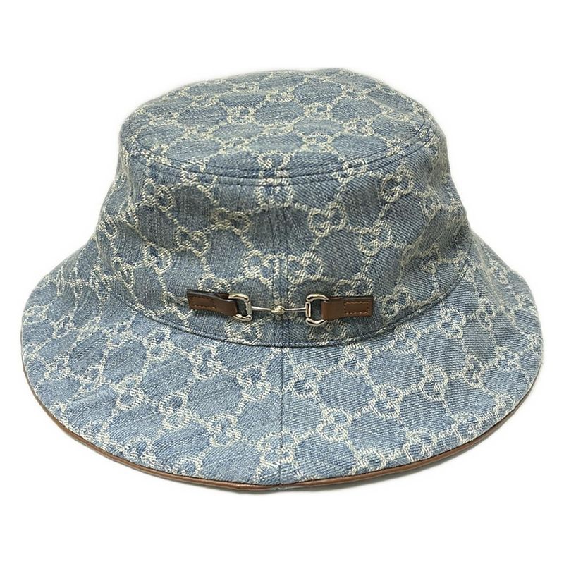 Gucci Hat 58 Beautiful Horsebit 836220 Light Blue And Light Brown GG Pattern /
